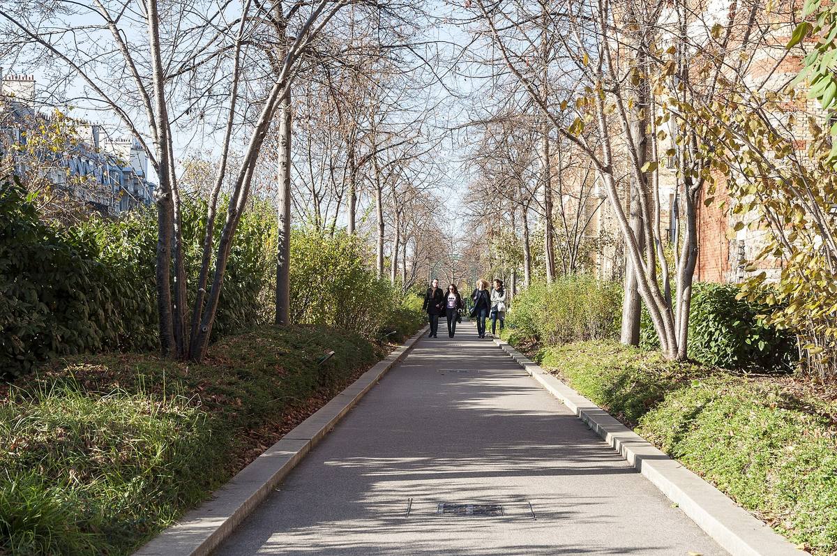 Allée bordée d'arbres sur la Coulée verte René-Dumont, promenade plantée sur un ancien viaduc à Paris